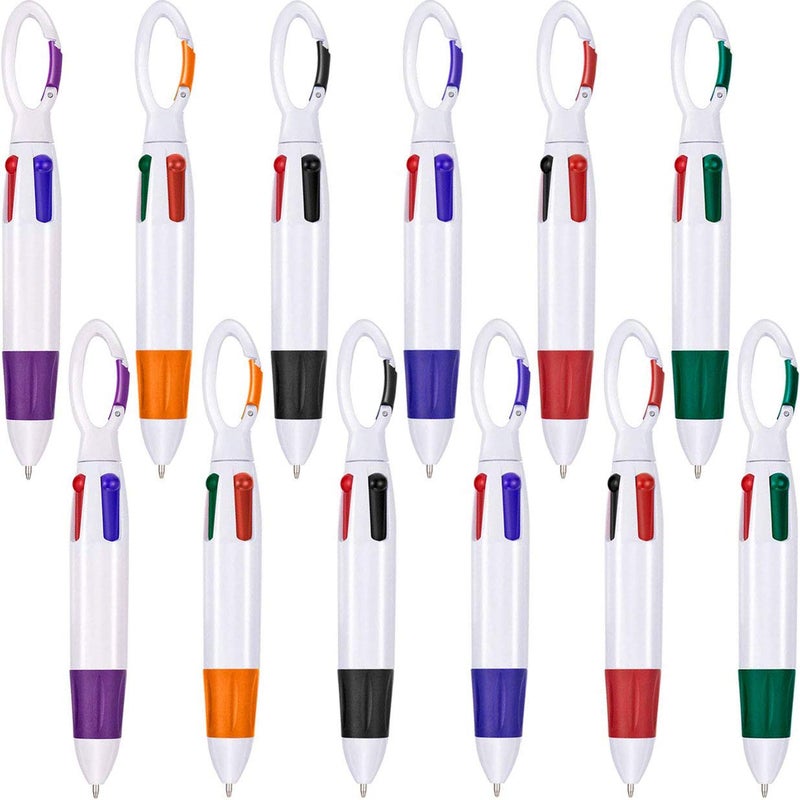 Onwon 12 Pieces Retractable Shuttle Pens 4 Neon Color in One Ballpoint Pen with Buckle Clip on Top Multi-Color Carabiner Keychain for Office School Supplies Gift - Image 1